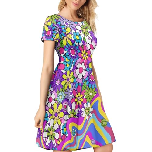 Image of POLERO Sunflower Dress for Women Floral Summer Dresses Short Sleeve Casual Sundresses Midi Dresses