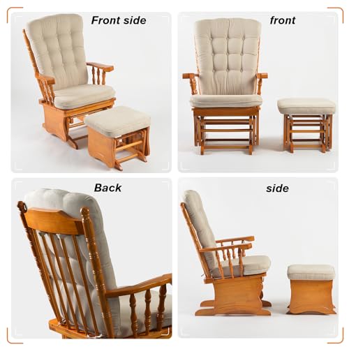 Image of Rubber Wood Nursery Glider and Ottoman Set, Quiet Smooth Gliding Rocking Chair for Breastfeeding, Comfy Upholstered Glider for Living Room Bedroom