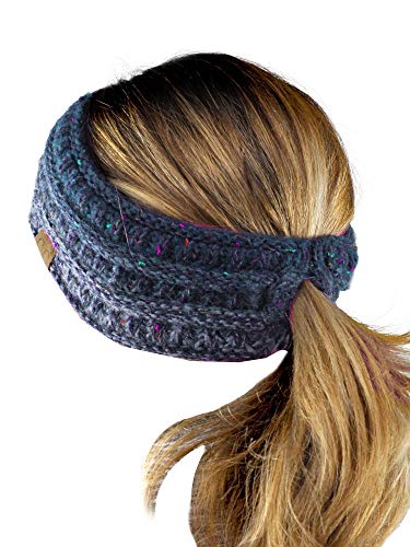 C.C Cable Knit Fuzzy Lined Ear Warmer Ponytail Pony Headband, Confetti Ombre Navy