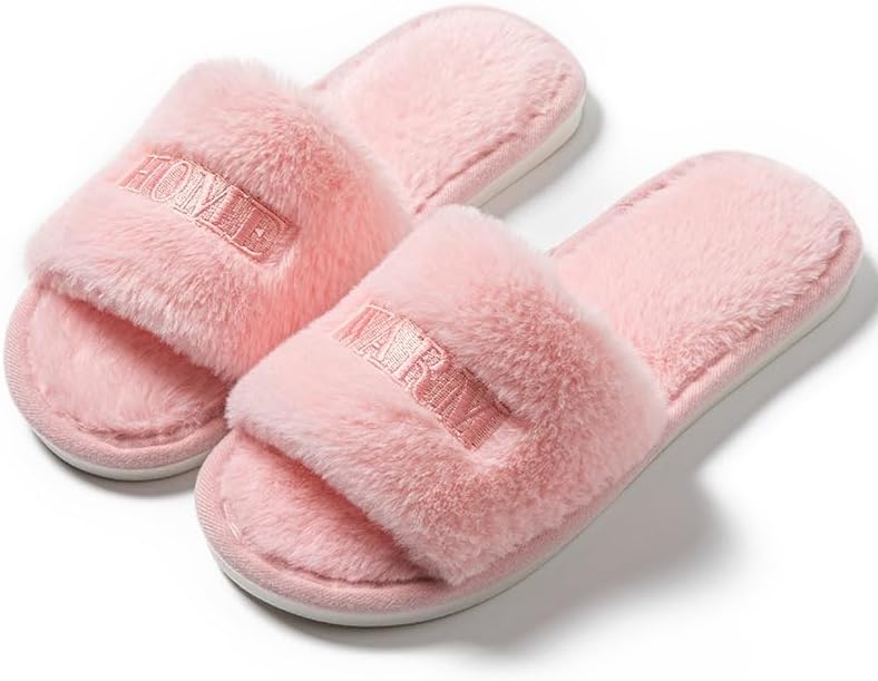 Women’s Fuzzy Open-Toe House Slippers, Soft Indoor Slides, Cozy Plush Home Shoes with Anti-Slip Sole for Bedroom, Living Room;Pink