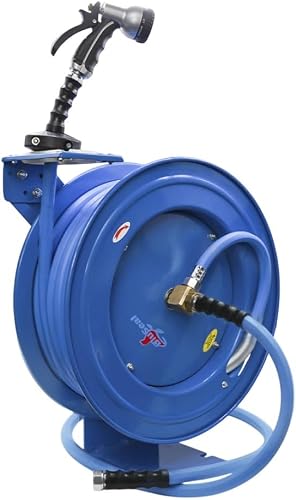 BLUBIRD BluSeal BSWR5850 Water Hose Reel, 5/8" x 50' Retractable Steel Construction with Hot and Cold Water Hose, 6' Lead in Hose, Brass Fittings, Adjustable Guide Arm, Spray Nozzle