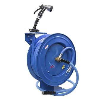 BLUBIRD BluSeal BSWR5850 Water Hose Reel, 5/8" x 50 Retractable Steel Construction with Hot and Cold Water Hose, 6 Lead in Hose, Brass Fittings, Adjustable Guide Arm, Spray Nozzle