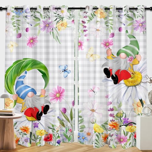 Spring Sheer Curtains 96 Inches Long, Wildflower Floral with Gnomes Bedroom Curtain 2 Panel Sets, Summer Flowers Blackout Curtains for Living Room, Seasonal Window Treatment Drapes for Diving Room