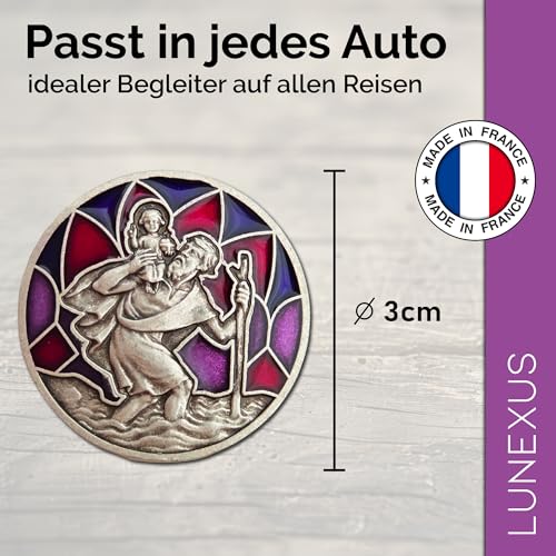 Lunexus Christophorus Auto Plakette Lila Violett – gesegnet mit Zertifikat – inkl. Samtsäckchen – Magnet und Klebestreifen – Glücksbringer Autofahrer Schutzpatron Reisende – christliches Geschenk