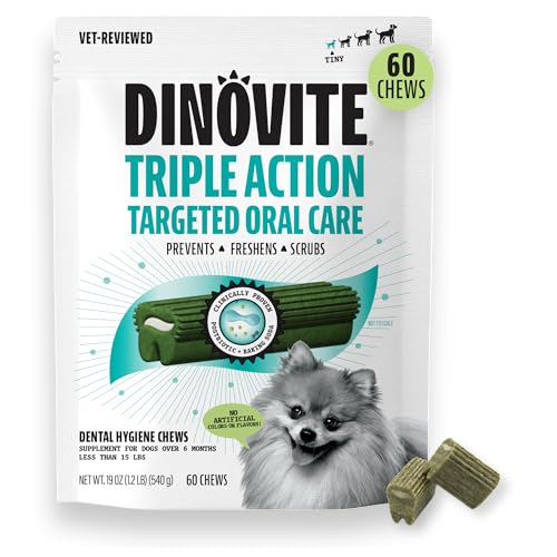 Image of Dinovite Dental Chews for Dogs, Triple Action Dental Dog Treats for Extra Small Breeds, Clinically Proven to Prevent Plaque & Tartar While Freshening Breath, Fresh Mint Flavor, Made in USA, 60 Count