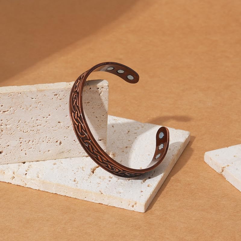 Miniatura 5 de Pulsera de cobre vintage para hombres y mujeres, brazalete abierto con patrón de ondas grabadas, diseño clásico ajustable