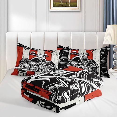 Image of Vintage Motorcycle Comforter Set American Flag Printed Bedding Set with 1 Comforter and 2 Pillowcases for Boys and Girls Bedroom All Season(Motorcycle Queen)
