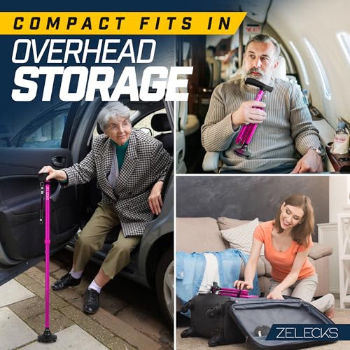 Image of ZELECKS Walking Cane for Women & Men - Self Standing Adjustable Folding Cane with T Handle and 360 Pivot Base - Lightweight Foldable Walking Stick for Seniors - Collapsible Cane for Walking