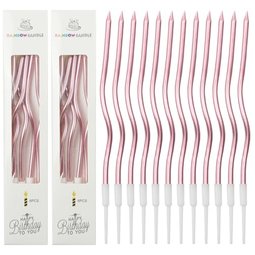 12 Gebogene Geburtstagskerzen Lang Dünn 16CM, Geburtstag Kerzen mit Haltern, Schlanke Kuchenkerzen, Cupcake Kerzen Metallisch, Spiral Kuchen Kerze für Baby Shower, Party, Hochzeit Dekoration, Rosa