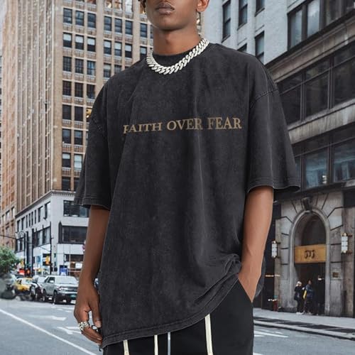 Christian Faith Over Fear Shirt for Men Jesus Religious Shirts Oversized Graphic Tees Acid Wash God T-Shirt2