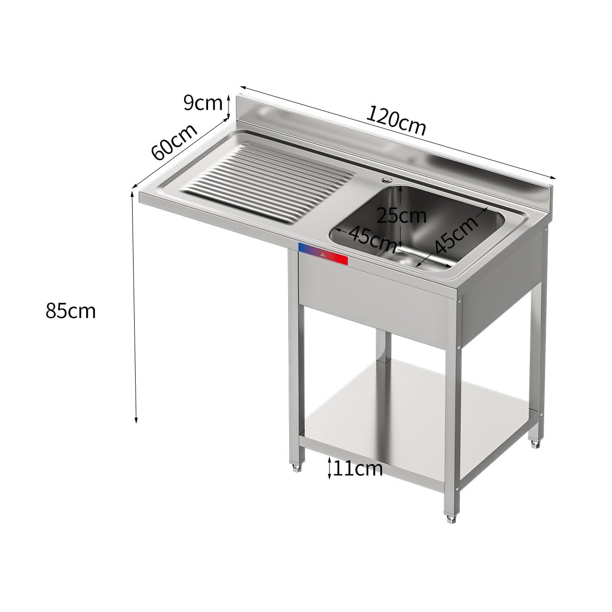 Fregadero Industrial con Hueco para Lavavasos en Acero Inoxidable, 1 Seno + Escurridor, 120x60x85cm, Balda inferior, Peto y Patas Regulables (Sin Grifo, Seno Derecha)
