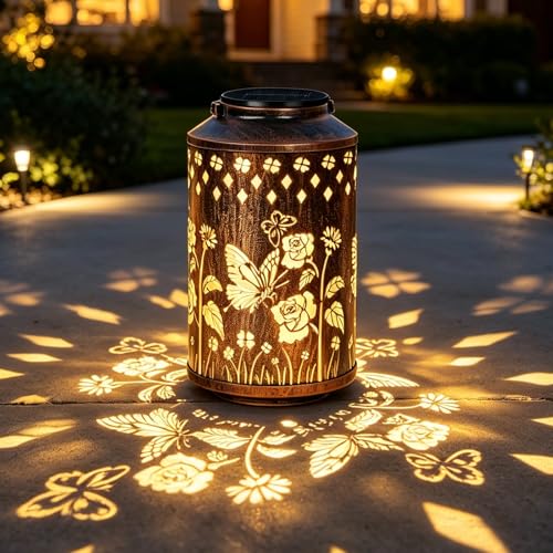 OUTONLIFE Cadeaux pour Femme, Maman, Grand-Mère, Lanterne Solaire Exterieur Papillon, Étanche, Lampe Solaire Métal pour Jardin, Patio, Allée, Décoration