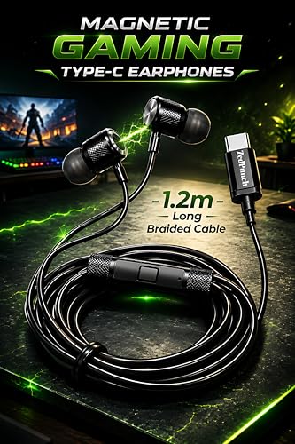Image of ZedPunch Gaming Type-C Wired Earphone with Mic, 10mm Dynamic Bass Driver, Magnetic in-Ear Headphones, Low Latency Sound for Gaming, 1 Button Control, HD Calling, Voice Assistant, (Dark Black)