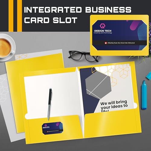 Image of Better Office Products 2 Pocket Glossy Laminated Yellow Paper Folders, Letter Size, 25-Pack, Yellow Paper Portfolios, Box of 25