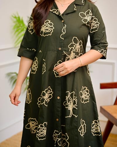 Image of Women's Floral Print Midi Dress, Rayon, A-Line Fit and Flare, Shirt Collar, Half Sleeves, Casual Wear