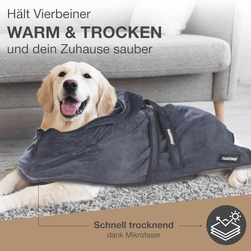 FLUFFINO Hundebademantel Dunkelblau Gr. S | Soft, saugstark, waschbar, schnell trocknend | Tierhandtuch + Klettverschluss | Badetuch Kleiner Hund + Katze | Haustierzubehör