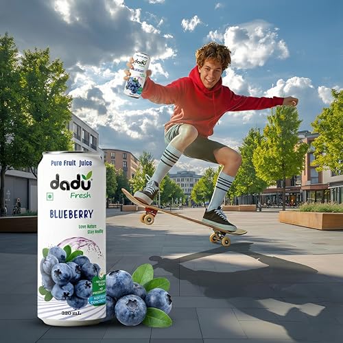 Image of Dadu Fresh Blueberry Juice | Pure Natural Fruit Healthy Beverage | Not from Concentrate, No Added Sugar, No Preservatives or Artificial Flavours | Vitamin Rich & Naturally Refreshing | 4 Cans x 320ml (1280ml)