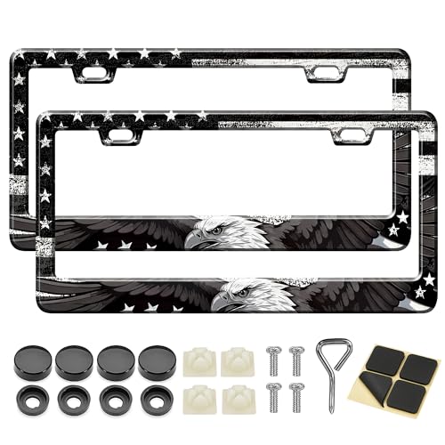 Image of American Flag License Plate Frame 2 Pack Patriotic Plate Holder | Universal Aluminum Car License Plate Cover with Screws for Women Men