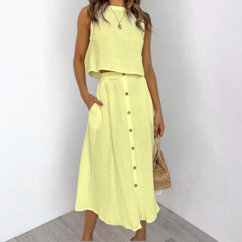 ZOCAVIA 2 Piece Cotton Linen Sets for Women Summer Casual Dress Outfits Sleeveless Pullover Tank Top Button Down Skirt Suits2