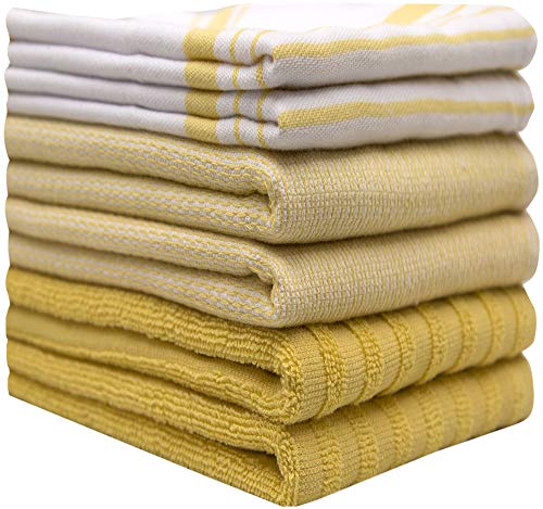 Image of Premium Kitchen Towels (20 inchx 28 inch, 6 Pack) | Large Cotton Dish Towels | Flat & Terry Highly Absorbent Kitchen Linen Set with Hanging Loop | Yellow Striped