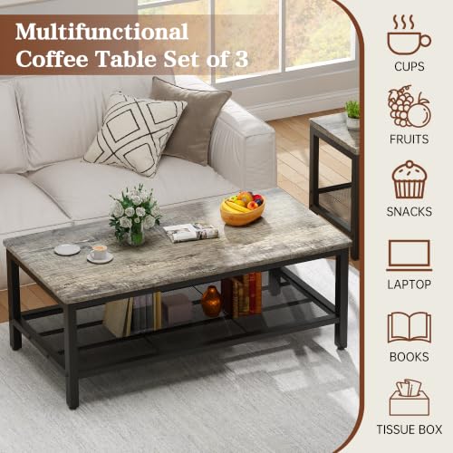 Image of 3-Piece Coffee Table and End Table Sets for Living Room, Industrial Coffee Table Set of 3 with Storage, Modern Farmhouse Rustic Living Room Table Set for Apartment Home Office