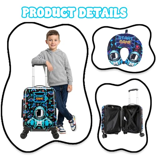 Image of Kid's Luggage Set for Travel Toddler Suitcases with Wheels 2 Piece Boys Suitcase Set with Neck Pillow Hardshell 16 inch Carry on Hardside Luggage