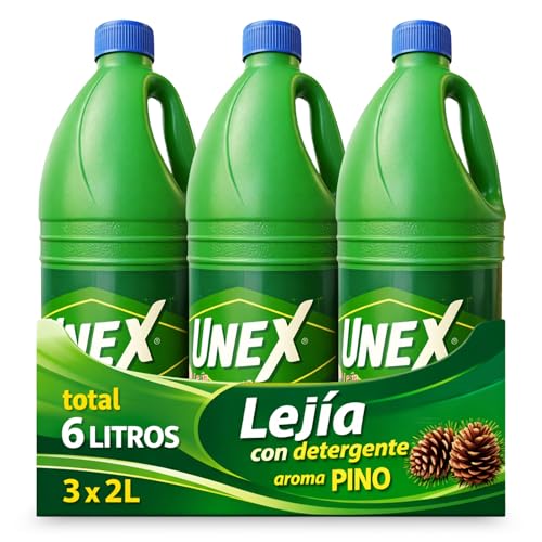 Lejía con Detergente Pino, Desinfectante Superficies, Uso en Baño, Cocina, Azulejos, Suelos, Aptas para Desinfección y limpieza, Combate los malos olores con fragancia fresca, 3 botellas de 2 Litros