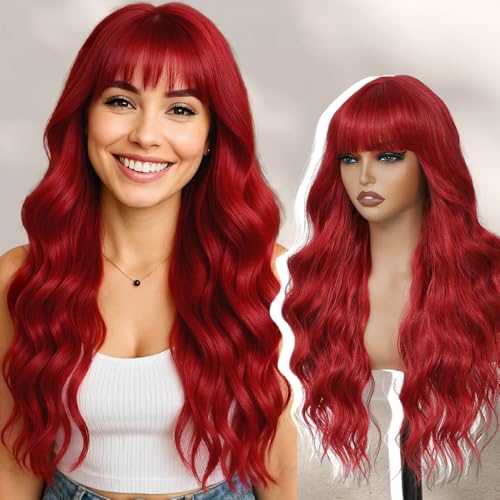 Long Red Wigs with Bangs 26Inch Wavy Curly Hair for Women Tangle Free Beginner Friendly Soft Natural Looking Wigs for Daily Party Use