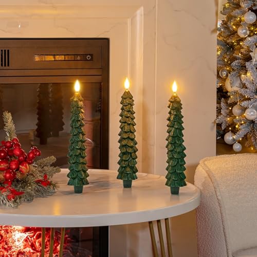 Image of Homemory 3 Pcs Christmas Tree Candles with Remote, Waxy Flameless Taper Candles Flickering, Green LED Candlesticks Battery Operated for New Year Celebration Holiday Decorations 9.7 Inches