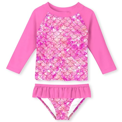 Image of Funnycokid Girls Swimsuit Toddler Bathing Suit Long Sleeve 2 Piece Rash Guard Set for Kids 2-10 Years