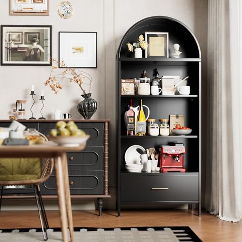 Image of 72.83 inch H Metal Arched Bookcae Cabinets with 2 Adjustable Shelf, Black Arched Bookshelf with 1 Drawer for Home Office, Living Room, Assemble Require, Black