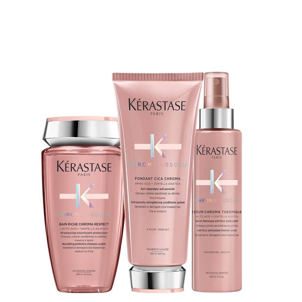 Kérastase, Chroma Absolu, Routine Idratante per Capelli Colorati Sensibilizzati o Danneggiati, Con Centella Asiatica, Shampoo Bain Chroma Respect + Balsamo Fondant Cica Chroma + Siero Thermique Chroma