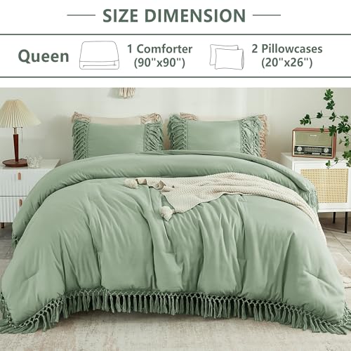 Image of Andency Sage Green Comforter Set Queen Size, 3 Pieces Boho Tassel Lightweight Vintage Soft Bedding Comforter Sets, All Season Fluffy Fringe Bed Set (90x90In Comforter & 2 Pillowcases)