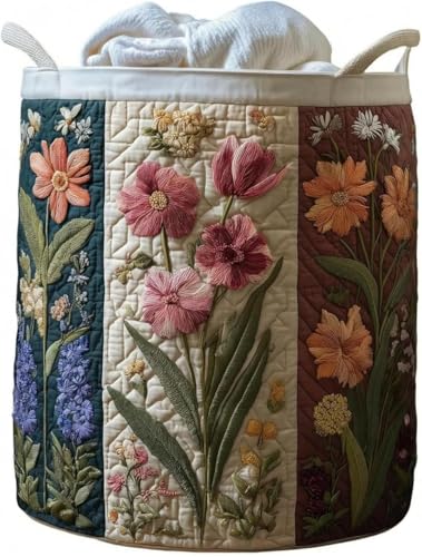 Image of Quilted Laundry Basket With Handles,boho storage basket,quilted basket | aesthetic decorative laundry basket ,washable storage basket,for storing clothes, blankets, and thing