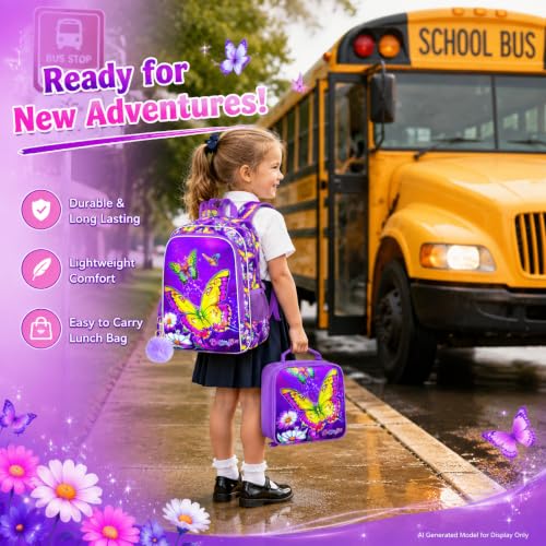 Image of 3Pcs Butterfly Backpack for Girls, 16 inch Kids Bookbag with Lunch Box，School Backpacks for Elementary Preschool Kindergarten (Purple)