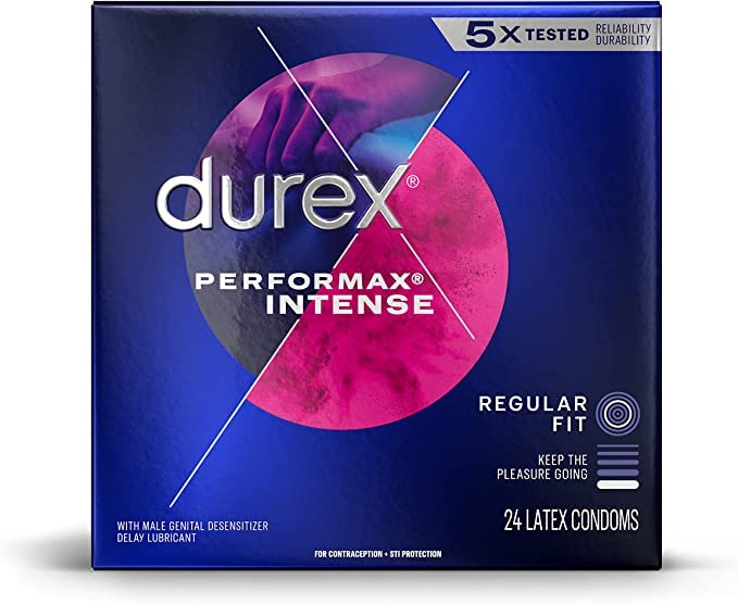 Durex Performax Intense Condom Bundle with a Classy Brass Pocket Case, Ribbed Dotted Delay Lubricated Latex Condoms-24 Count