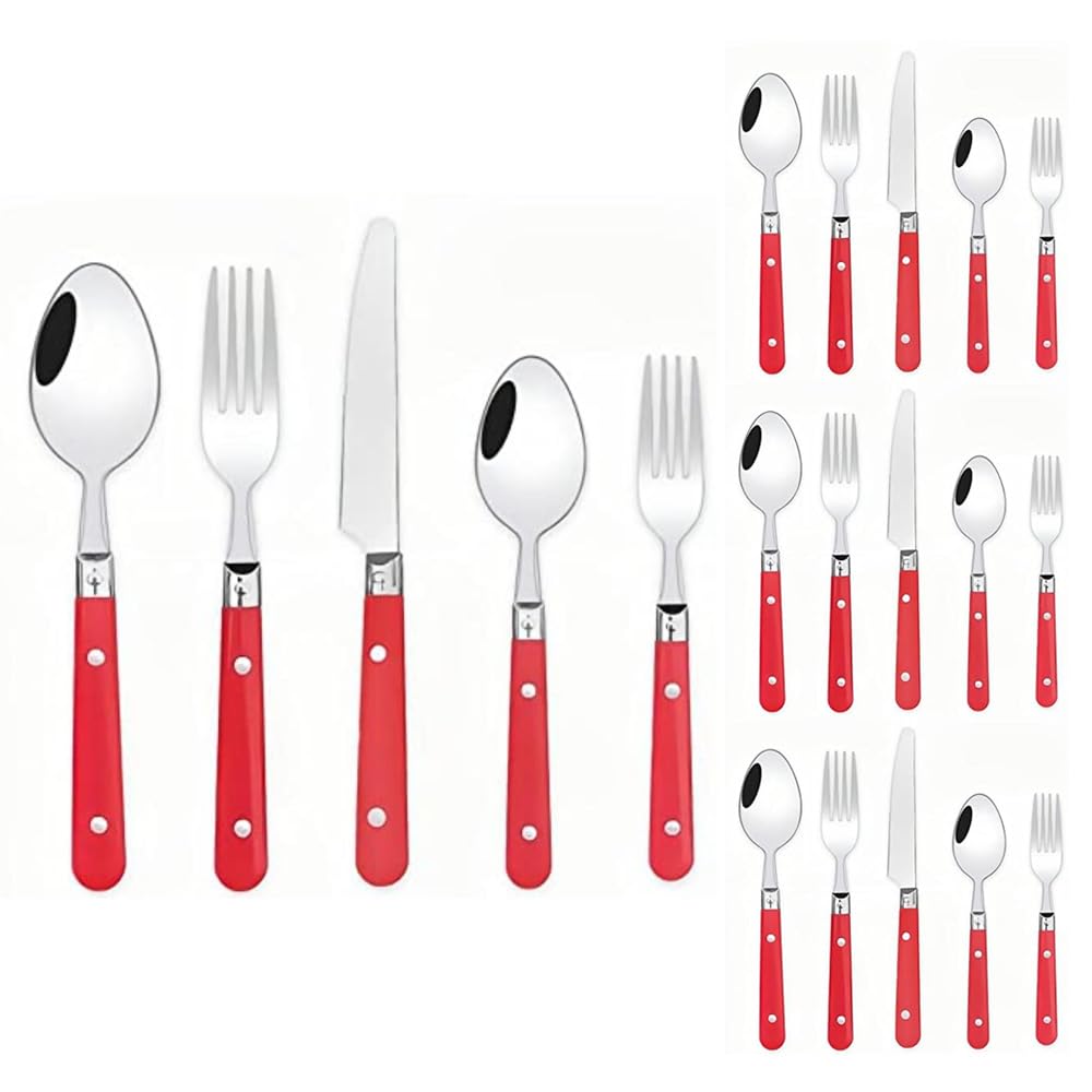Two Nail Clamp Handles Kitchen Stainless Steel Silverware Tableware Flatware Cutlery Set Steak Knife Fork Spoon Teaspoon (Red,20 pieces)