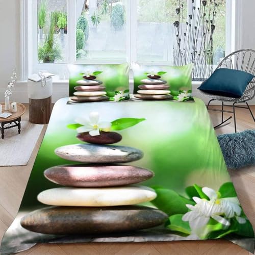 Fleurs Et Cailloux Housse de Couette 240x220 Parure de Lit Zen Microfibre Impression 3D Une House de Couette et Deux Taies d'oreiller (65x65 cm) B.3083