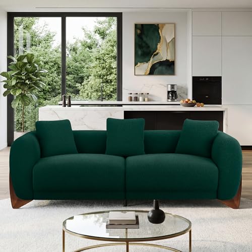 Image of 87 inch Sherpa Boucle Cloud Couch Modern 3 Seater Sofa with Solid Wood Legs, 25 inch Extra Deep Seat, Comfy Thick Cushion Upholstered Sofa Couches with 3 Pillows for Living Room, Green