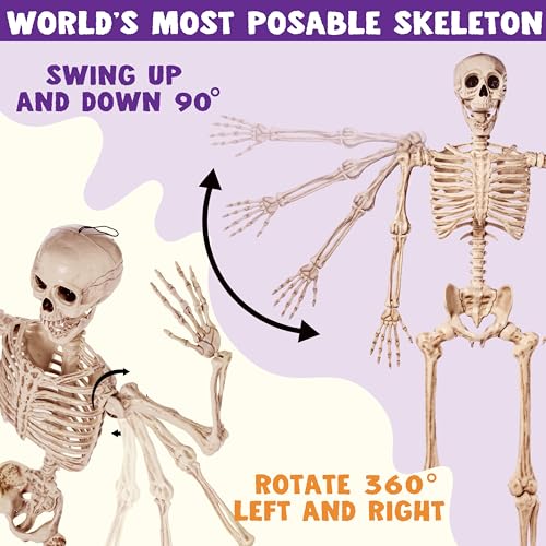 JOYIN 5.6 FT Halloween Posable Life Size Skeleton, Full Body Realistic Bones with Movable Joints, Giant Skeletons Halloween Decorations for Indoor Outdoor Haunted House Props, Spooky Scene Party Decor4