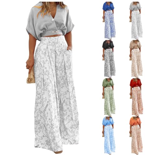 Summer 2 Piece Sets Women Casual Short Sleeve Tops Matching Print Wide Leg Pants Set Business Suit Boho Lounge Sets4