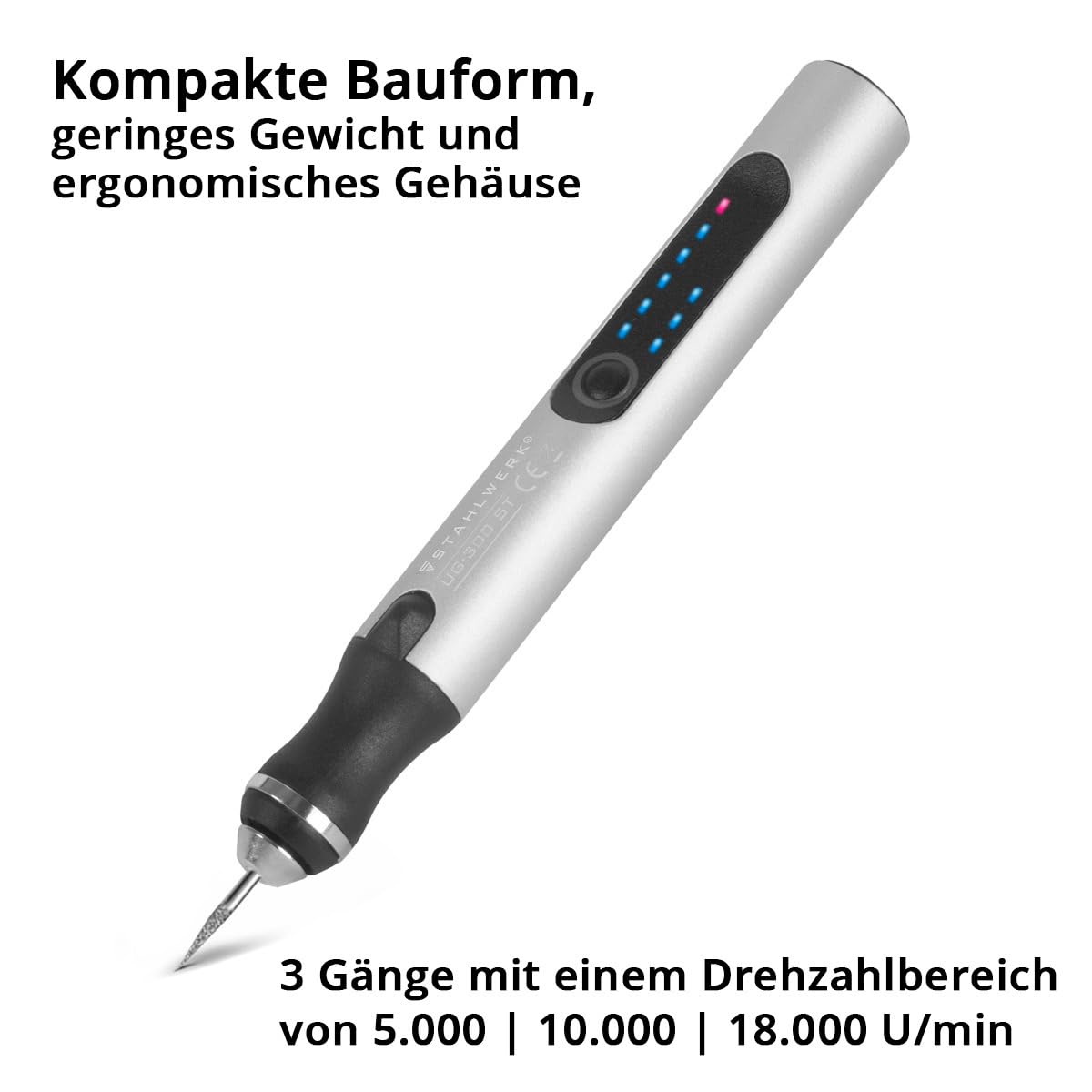 STAHLWERK USB-Gravierstift (UG-300 ST) – 8 Watt Leistung, 3 Gänge (5.000/10.000/18.000 U/min), USB-C Anschluss, kabellos nutzbar, inkl. 20 Premium-Einsätze, 3 Trennscheiben & Schablonen-Set