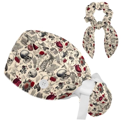 Image of Butterfly Scrub Cap Women with Ponytail & Buttons Adjustable Surgical Nurse Hat with Cotton Sweatband for Long Hair