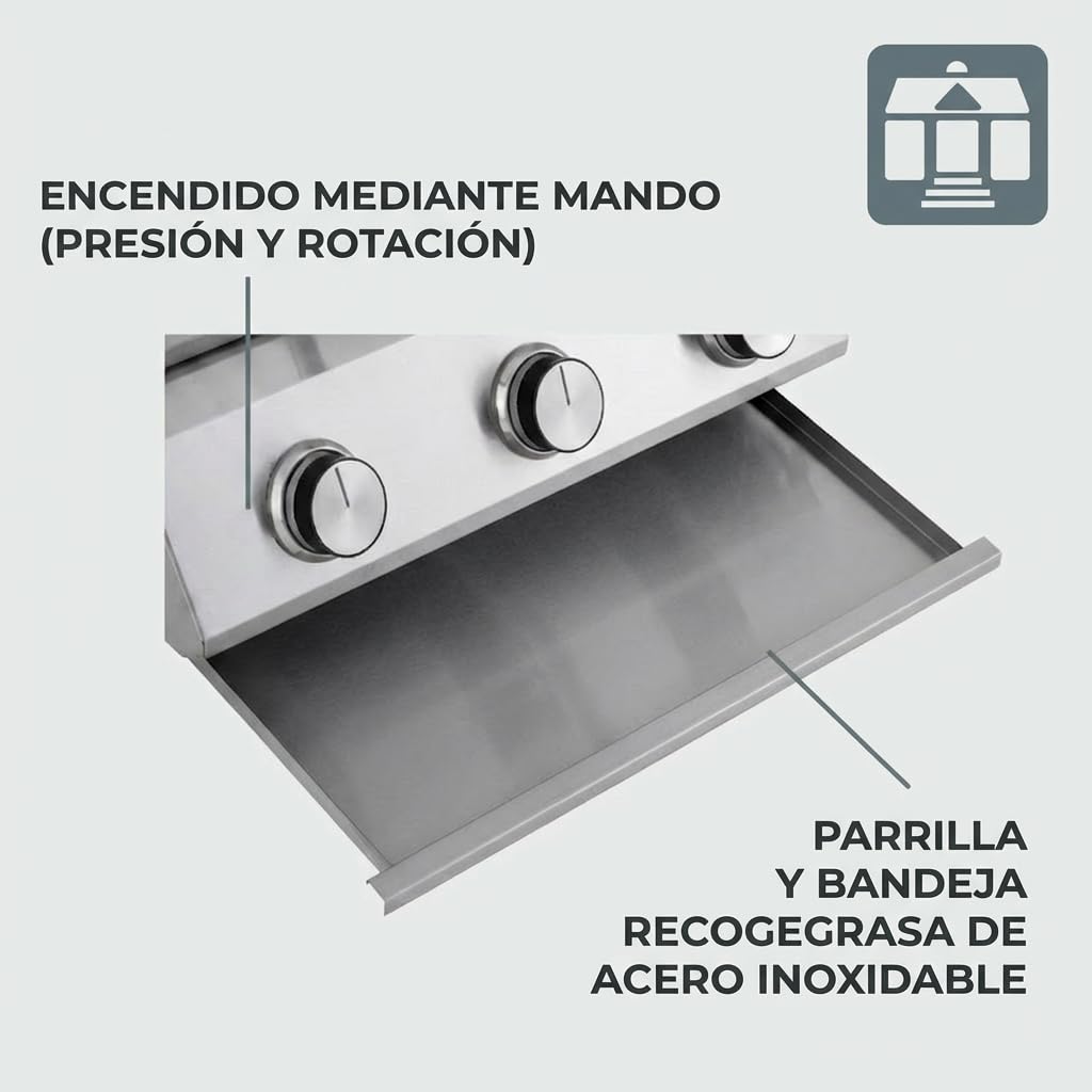 Tarrington House Barbacoa de Gas de Sobremesa Cathan, Acero Inoxidable, 3 Quemadores x 2,2 kW, Termómetro Integrado, Bandeja Recogegrasa, Portatil