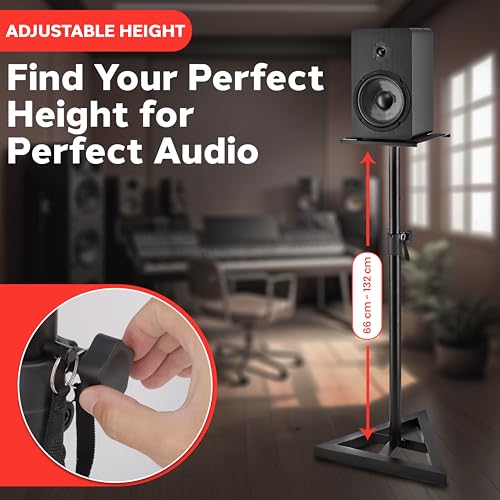 Pyle, Speaker Stand, Speaker Stands Floor Pair, Pair of Sound Play 1 & 3 Holder, Telescoping Height Adjustable from 66–132 cm, Heavy Duty Three-Point Triangle Base with Floor Spikes & Square Platform