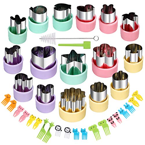 Vegetable Cutters Shapes Set 16pcs Mini Cookie Cutters Vegetable Cutter and Fruit Stamps Mold 20pcs Cute Cartoon Animals Food Picks and Forks -for Kids Baking and Food Supplement Accessories