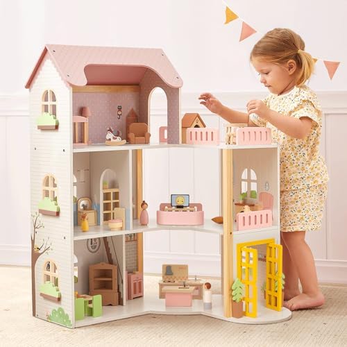 OOOK Wooden Dollhouse with 60 Pcs Luxurious Furniture Accessories...