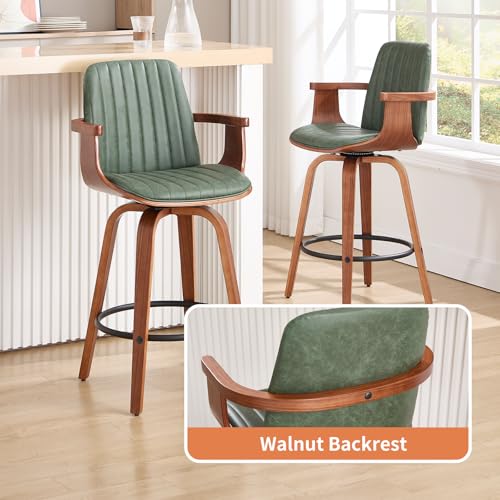 VipDesk Set de 2 Butacos con respaldo alto y brazos giratorios de 26 pulg, sillas de bar modernas con cuero PU para isla de cocina-Verde miniatura 6