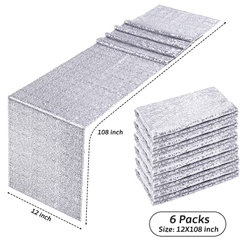 6 Pack Sequin Table Runner Silver, 12 X 108 Inch Glitter Silver Table Runner For Rectangle Table For Birthday, Wedding, Banquet, Holiday Party Decorations, Christmas Gift & Baby Shower #TOP1
