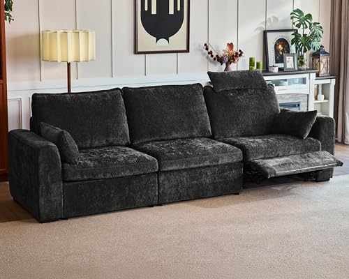 Image of 124.8'' Oversized Power Recliner Sofa with Headrest, Extra Wide Deep Modular Cloud Sectional Reclining Couch Wall Hugger, Convertible 3-Seater for RV Home Theater Living Room, Chenille, Black